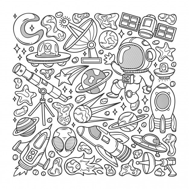 black and white drawing of space related items