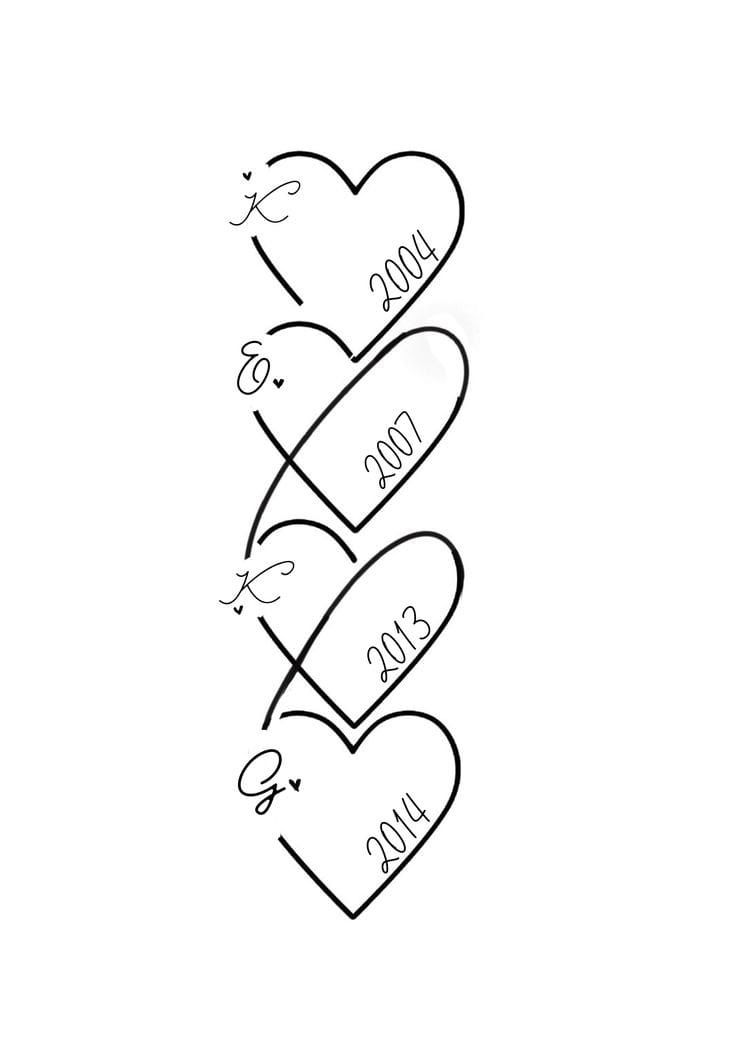 three hearts with the names of two people and one is written on it in cursive writing