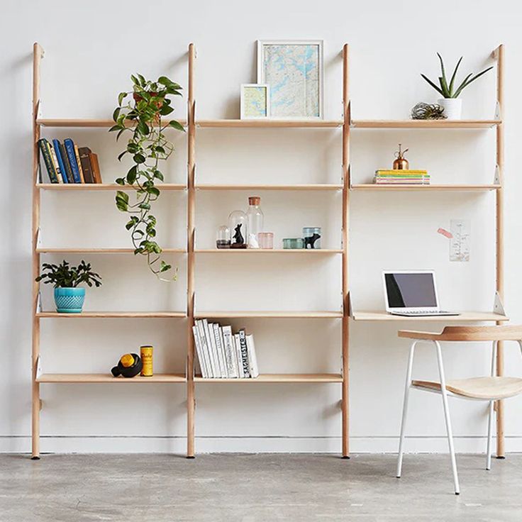 a desk with a laptop on top of it next to a book shelf filled with books and plants