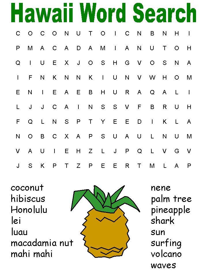 the hawaiian word search is shown in green and yellow with an image of a pineapple