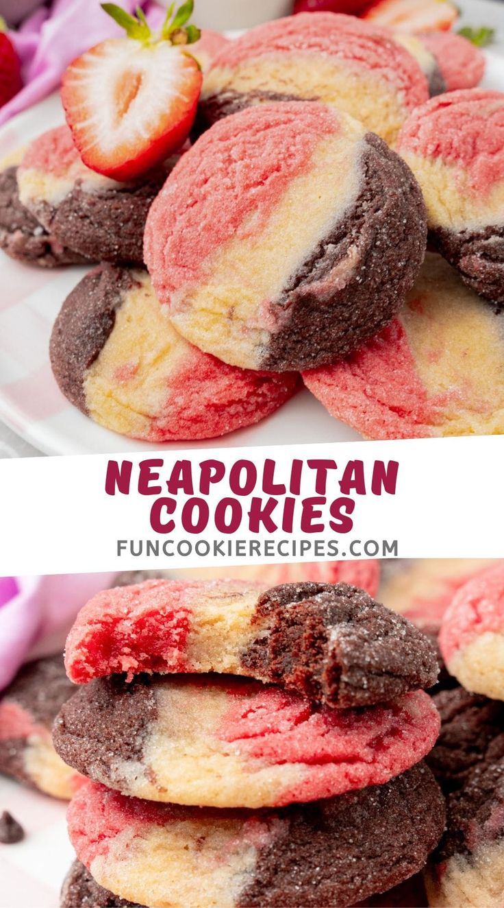 chocolate and strawberry cookies stacked on top of each other with the words neapolian cookies above them