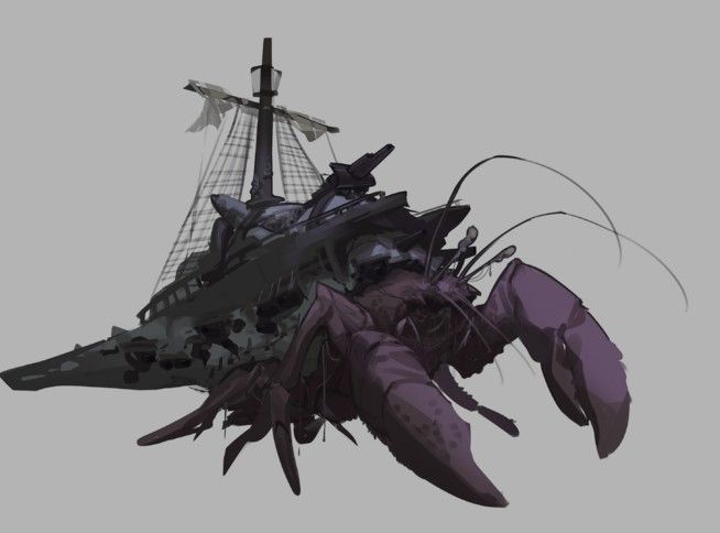 a ship that is floating in the air with a crab on it's back