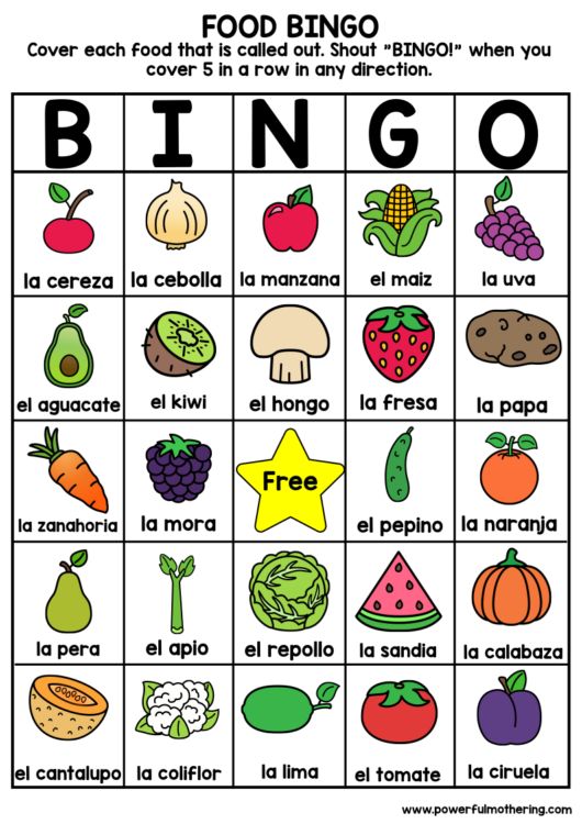 a printable food bingo game with fruits, vegetables and other things to eat on it