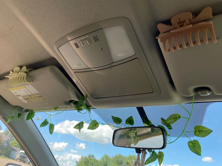 the interior of a car with plants growing on the dash board and sunroof