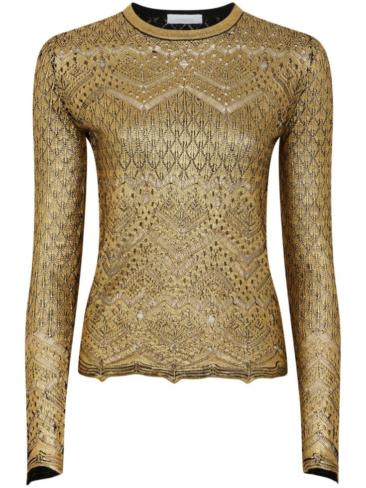 gold-tone knitted construction tricot knit metallic effect crew neck long sleeves straight hem Edgy Glam, Metallic Knit, Yoko London, City Dress, Knitted Tops, Summer Beach Wear, Paco Rabanne, Exclusive Fashion, Lady Dior