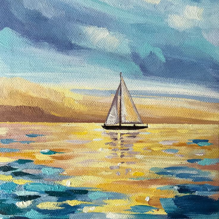 a painting of a sailboat in the ocean on a cloudy day with blue sky and clouds