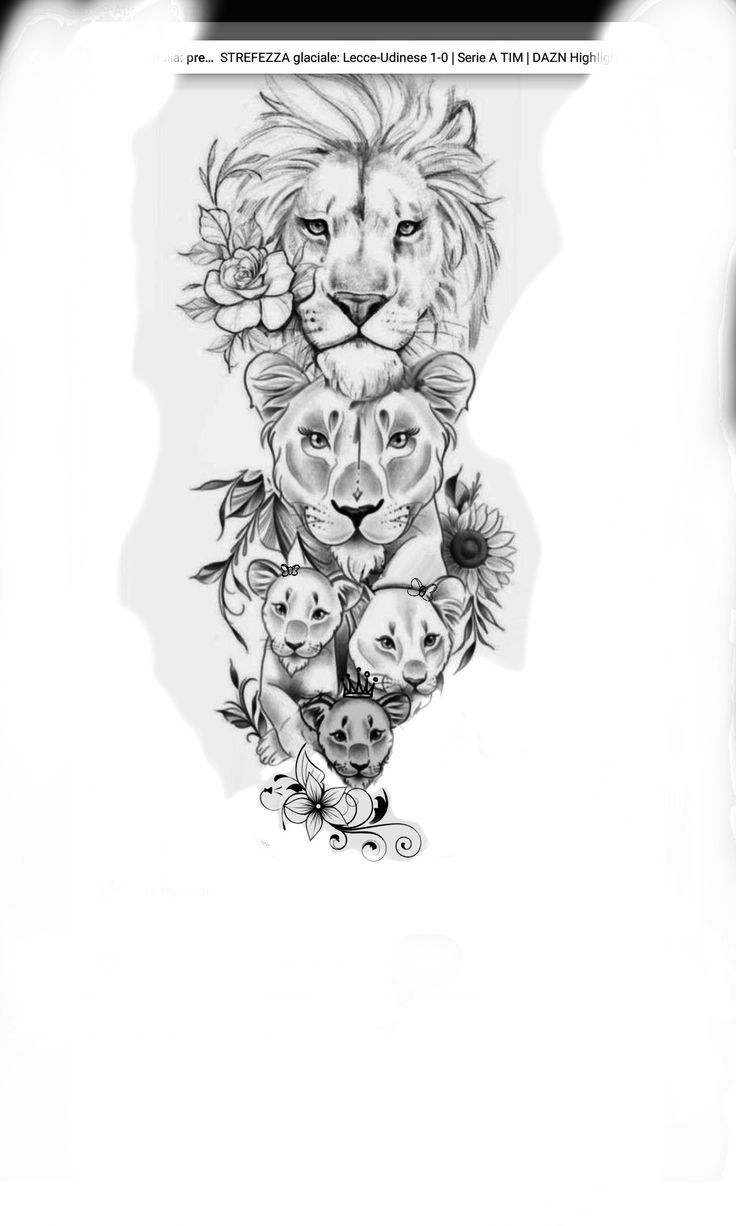 a black and white drawing of a lion surrounded by lions