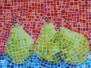 two pears are depicted on a mosaic tile background in red, green, and blue