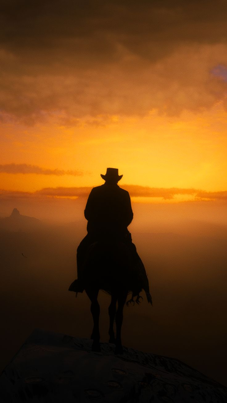 the silhouette of a man on a horse in front of an orange and yellow sky