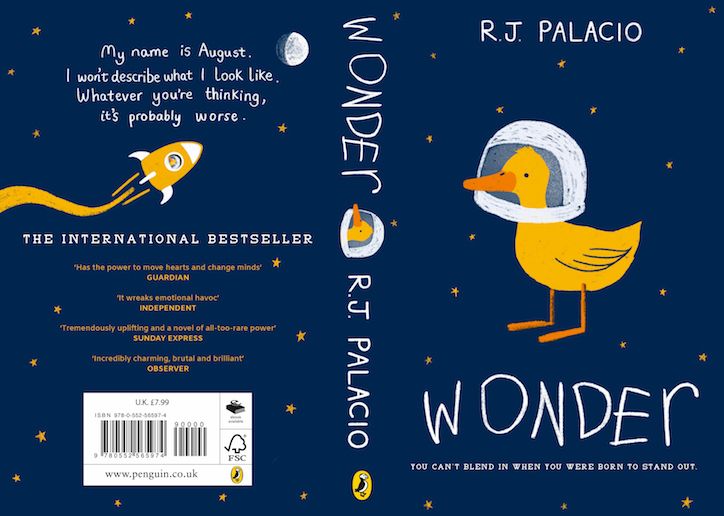 an illustrated book cover for wonder by r t palacio featuring a yellow duck and space shuttle