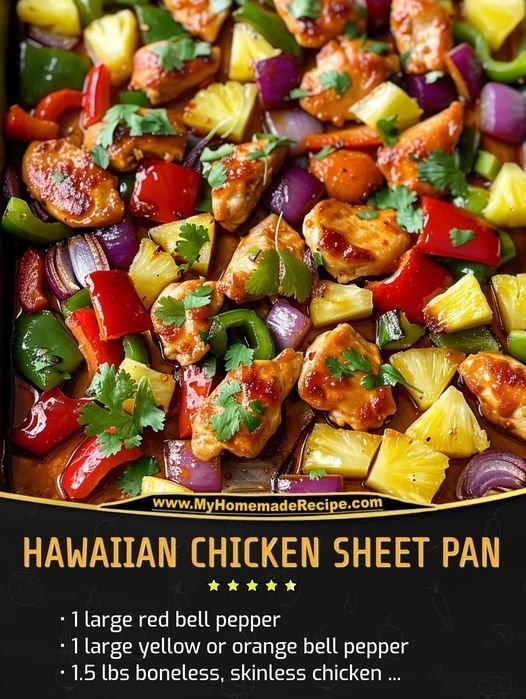 the hawaiian chicken sheet pan has pineapples, red bell peppers, and other vegetables