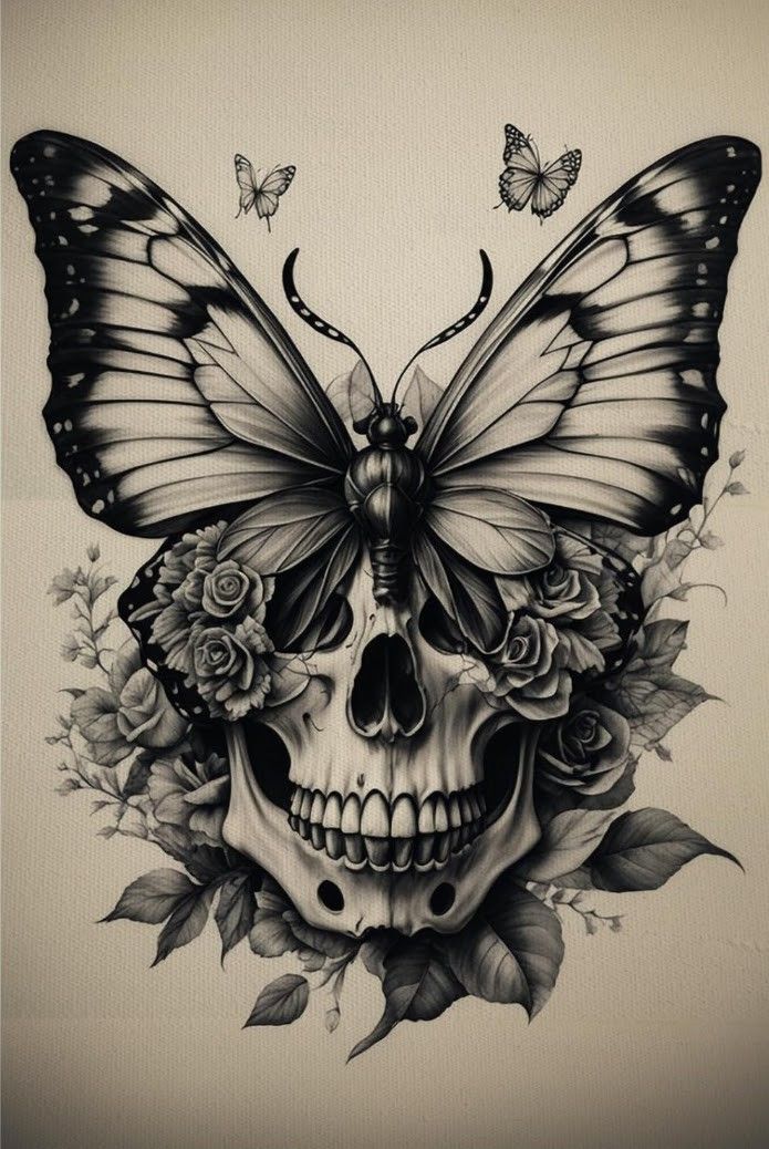 a skull with a butterfly on it's head