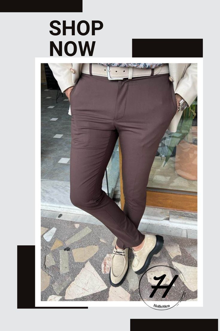 Escape the ordinary! Our slim fit pants are designed to make you look and feel incredible. Shop slim fit men's pants at Hollomen.com Brown Straight Leg Chinos With Welt Pockets, Brown Slim Fit Pants For Work, Casual Brown Slim Fit Dress Pants, Brown Slim Fit Dress Pants With Tapered Leg, Slim Fit Brown Dress Pants With Tapered Leg, Fitted Brown Business Bottoms, Brown Tapered Leg Chinos With Welt Pockets, Brown Slim Fit Tapered Leg Pants, Fitted Brown Bottoms For Business