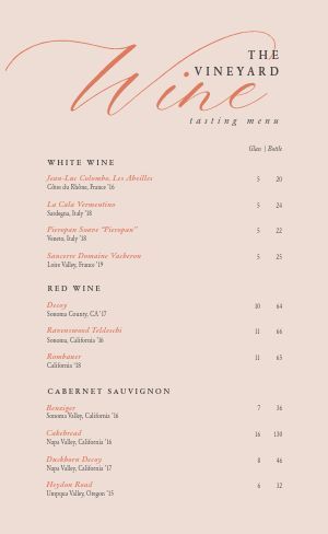 the vineyard menu with wine list