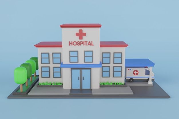 a toy hospital building with an ambulance parked in front