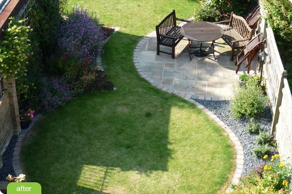 an aerial view of a patio and garden