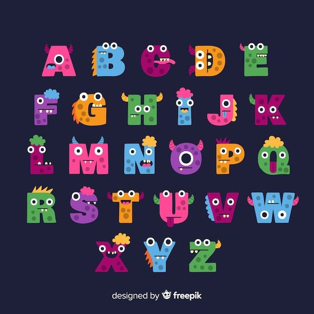 the alphabet with cute monsters on it's sides and letters that spell out the letter