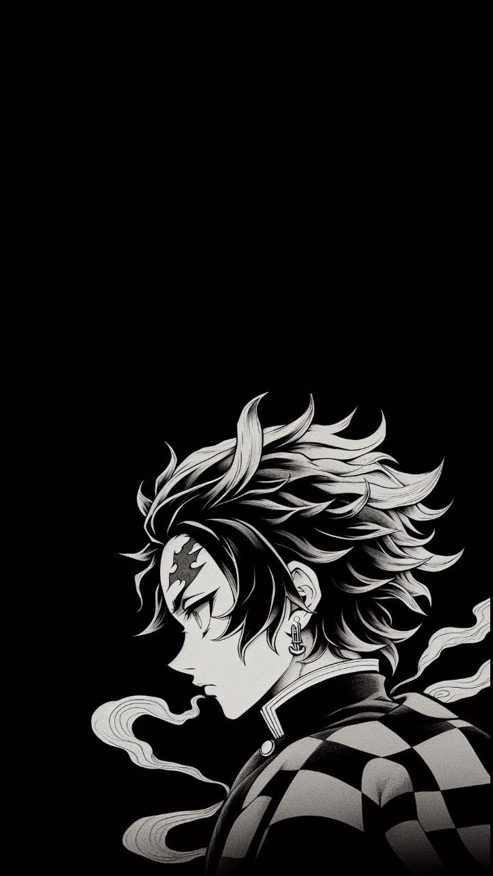 a black and white drawing of a man with his hair blowing in the wind on a dark background