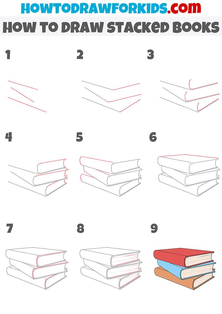 how to draw stacked books with step by step instructions for kids and beginners