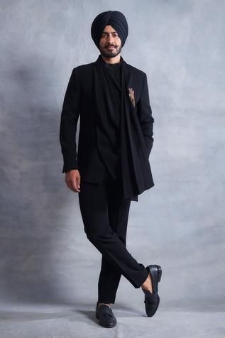 Shop for Gargee Designers Black Poly Viscose Draped Bandhgala Set for Men Online at Aza Fashions Achkan For Men, Bandhgala For Men, Sangeet Outfit, Drape Pants, Black Attire, Kurta Style, Rohit Bal, Black Pants Men, Black Plain