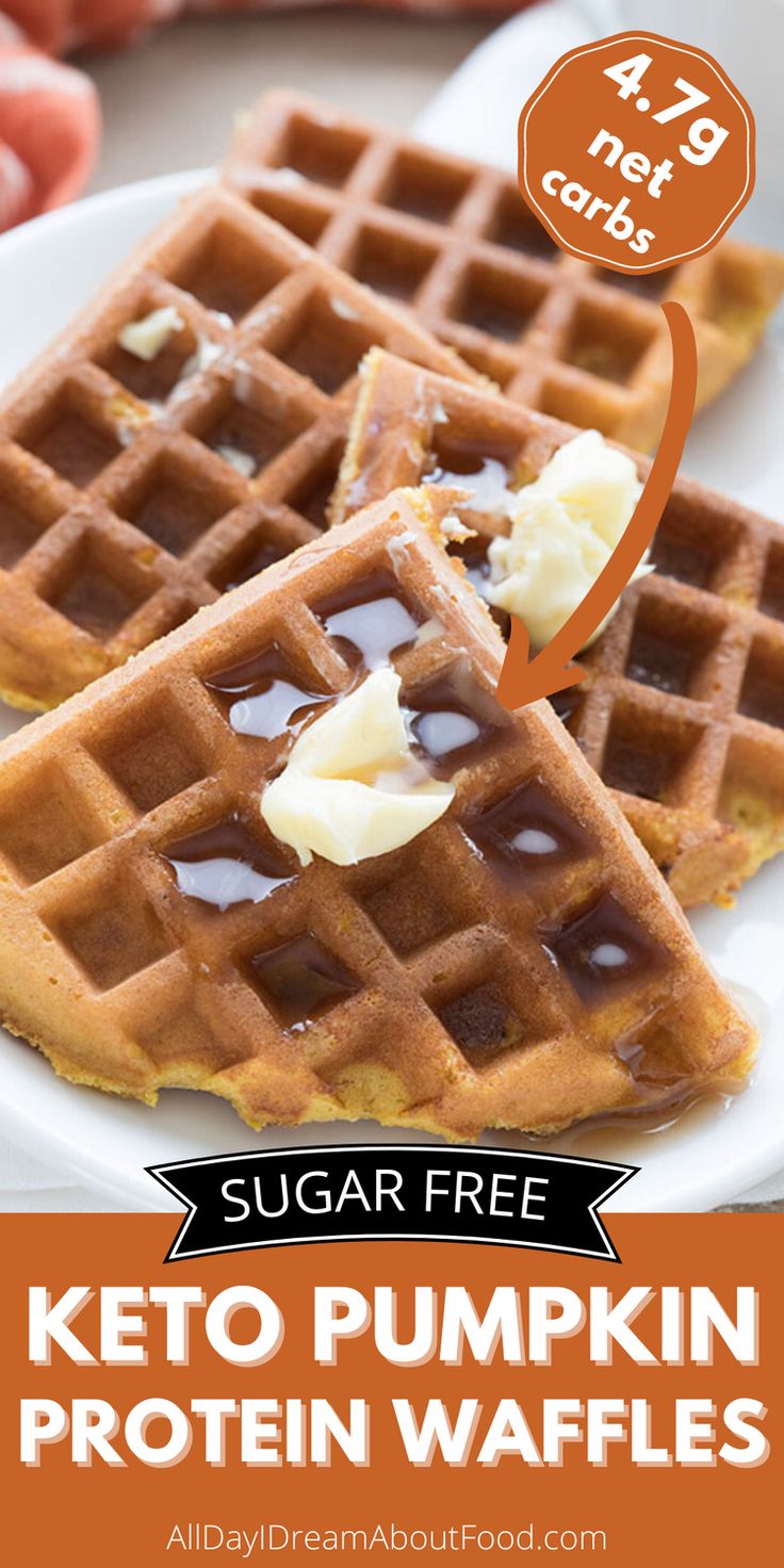 keto pumpkin protein waffles on a white plate with text overlay that reads sugar free keto pumpkin protein waffles