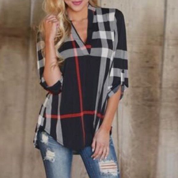 Shop lilyandco's closet or find the perfect look from millions of stylists. Fast shipping and buyer protection. This listing is for black Material polyester S 2-4, M4-6, L 6-8, XL 8-10, XXL 10-12. Poly blend Dressy Blouses, V Neck Shirts, Women's Blouses, Plaid Blouse, Halter Tops, Top T Shirt, Loose Blouse, Women Shirts Blouse, Plaid Tops