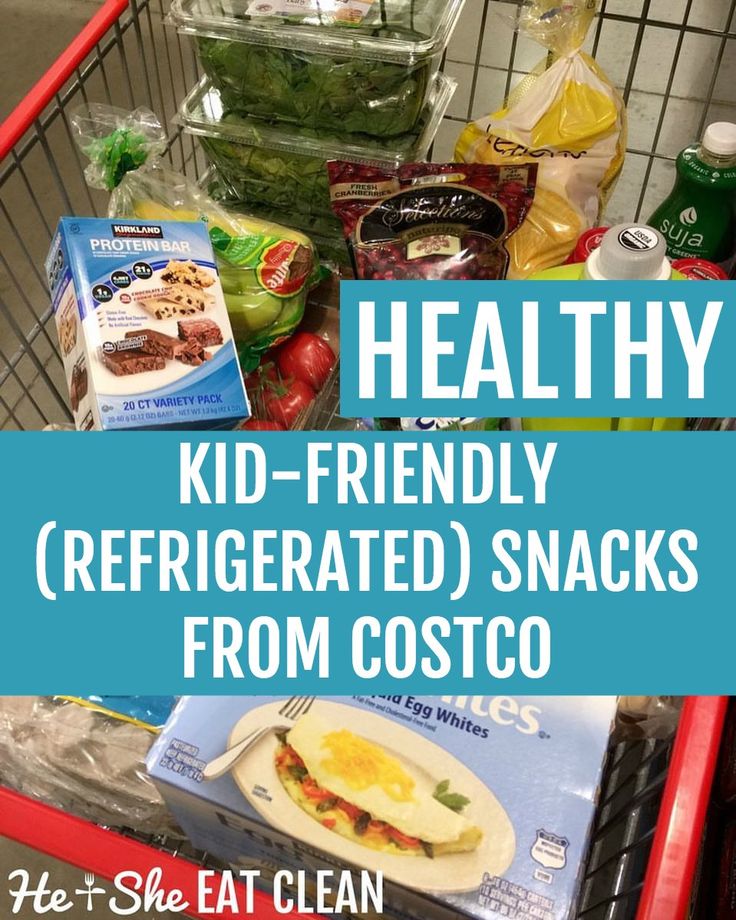 a grocery cart full of food with the words healthy kid - friendly refrigerated snacks from costco