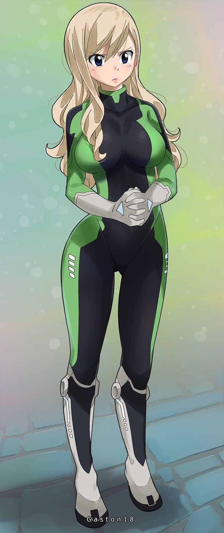 an anime character with long blonde hair and green bodysuit standing in front of a blue background