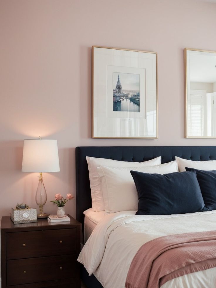 a bedroom with pink walls and two framed pictures on the wall above the headboard