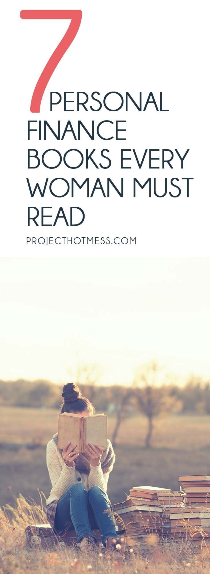 a woman sitting in the grass reading a book with text overlay that reads 7 personal finance books every woman must read