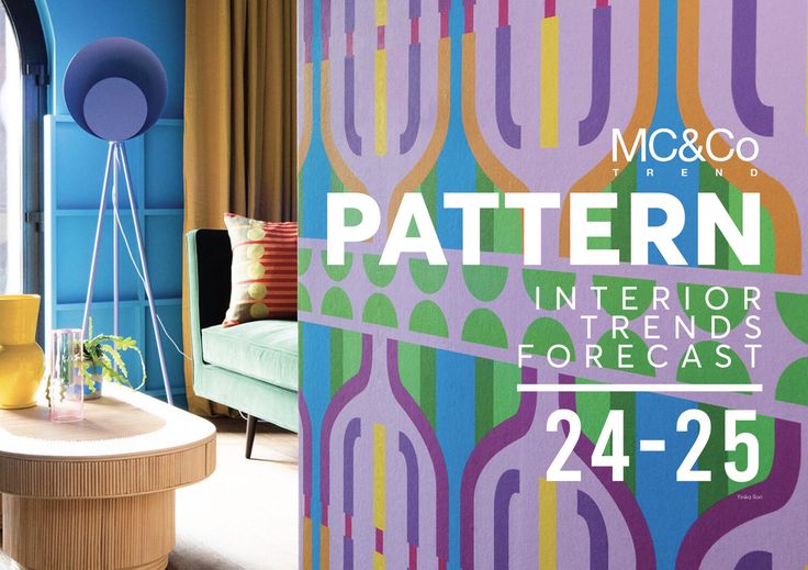 an advertisement for the pattern interior trend forecast, featuring colorful furniture and art work on display