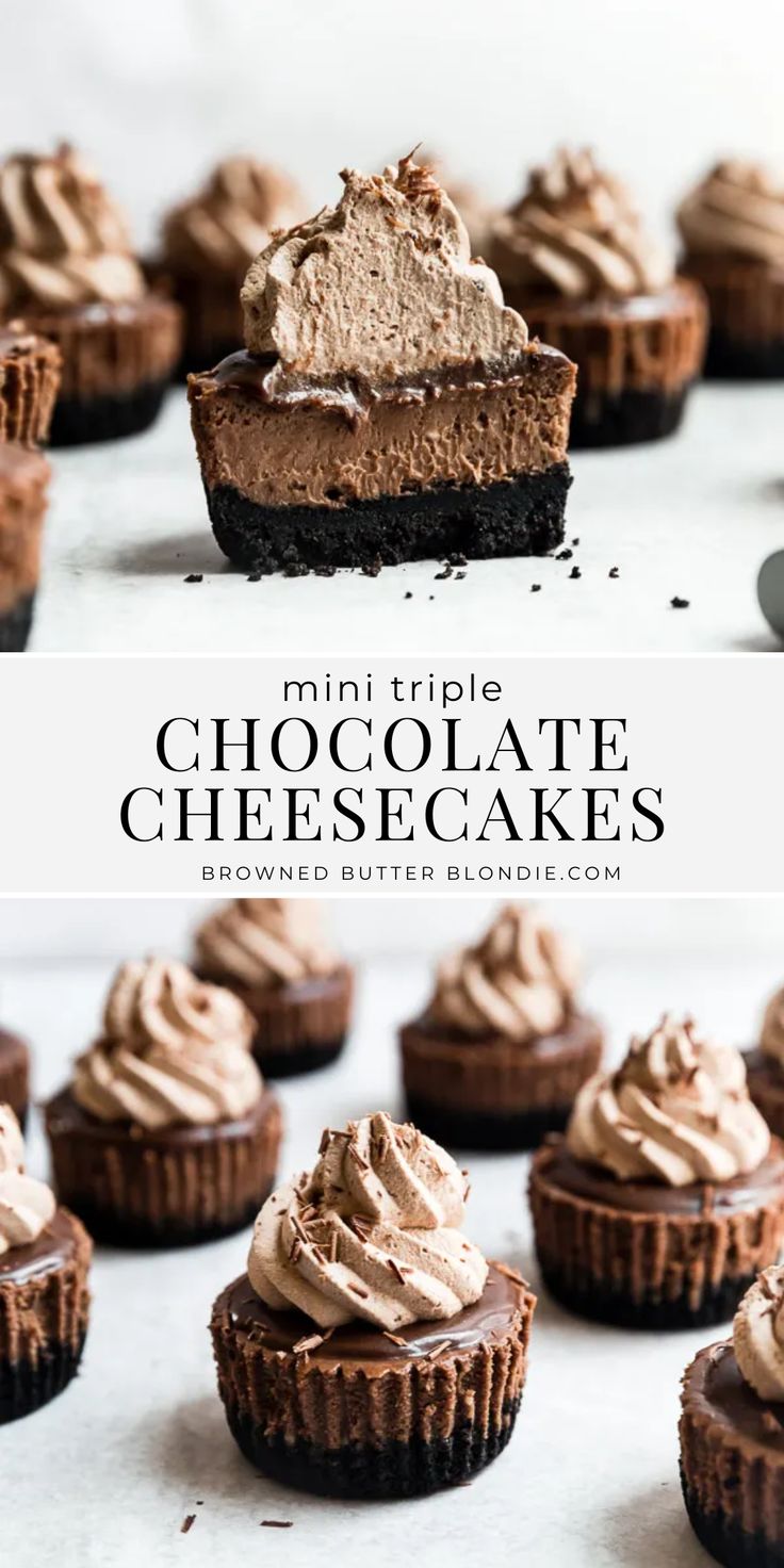 mini triple chocolate cheesecakes with frosting on top and in the background, there is