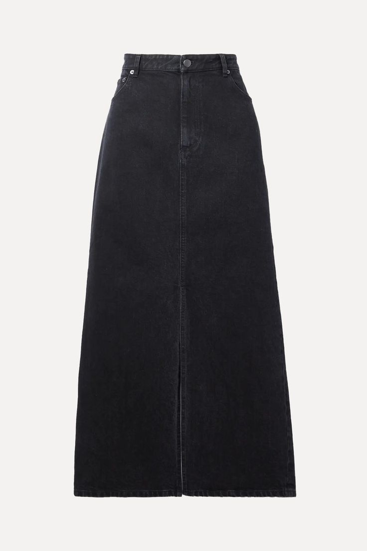 Our Edit Of The Best Long Denim Skirts | SheerLuxe Long Black Cargo Skirt, Cute Skirts Long, Cute Long Skirts, Long Denim Skirt Outfit, Long Jeans Skirt, Long Denim Skirts, Black Denim Midi Skirt, Denim Long Skirt, Black Jean Skirt