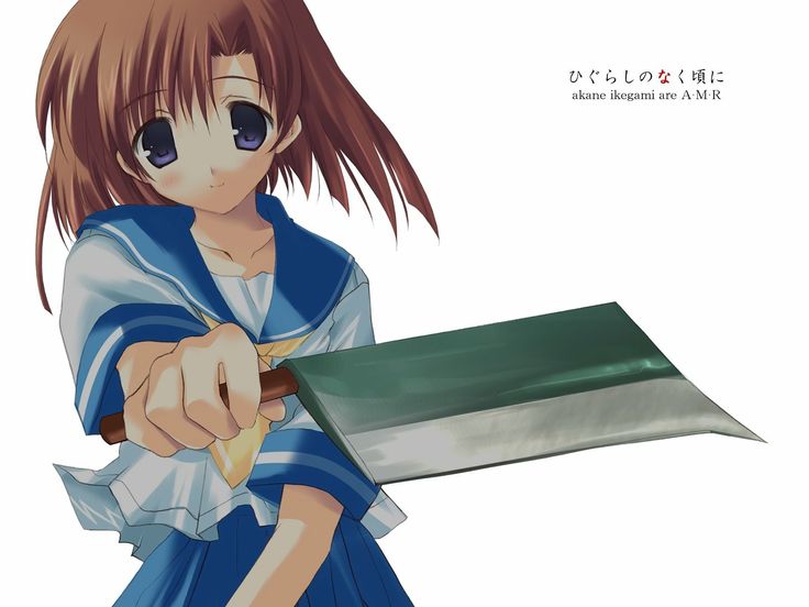 an anime character is holding a knife and looking at the camera while wearing a blue dress