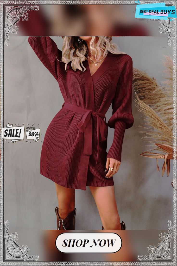 Lantern Sweater Mini Dress Trendy Winter V-neck Mini Dress, Winter Long Sleeve Non-stretch Mini Dress, Casual Belted Mini Dress For Fall, Fall Belted Knee-length Mini Dress, Fall Mini Dress Belted Knee-length, Belted Mini Dress For Fall Day Out, Chic Belted Dress For Fall, Long Sleeve Mini Dress For Fall Day Out, Belted Mini Dress For Day Out In Fall