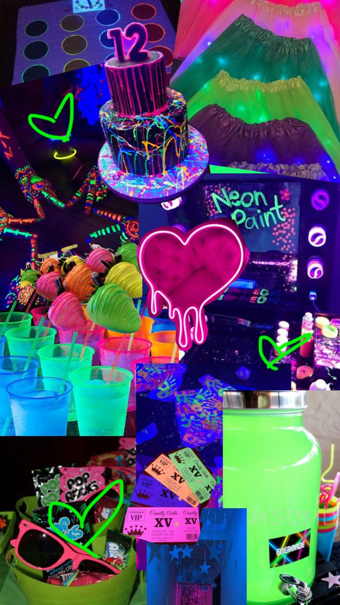 neon party supplies and decorations including cake, cupcakes, candy bar sign and more