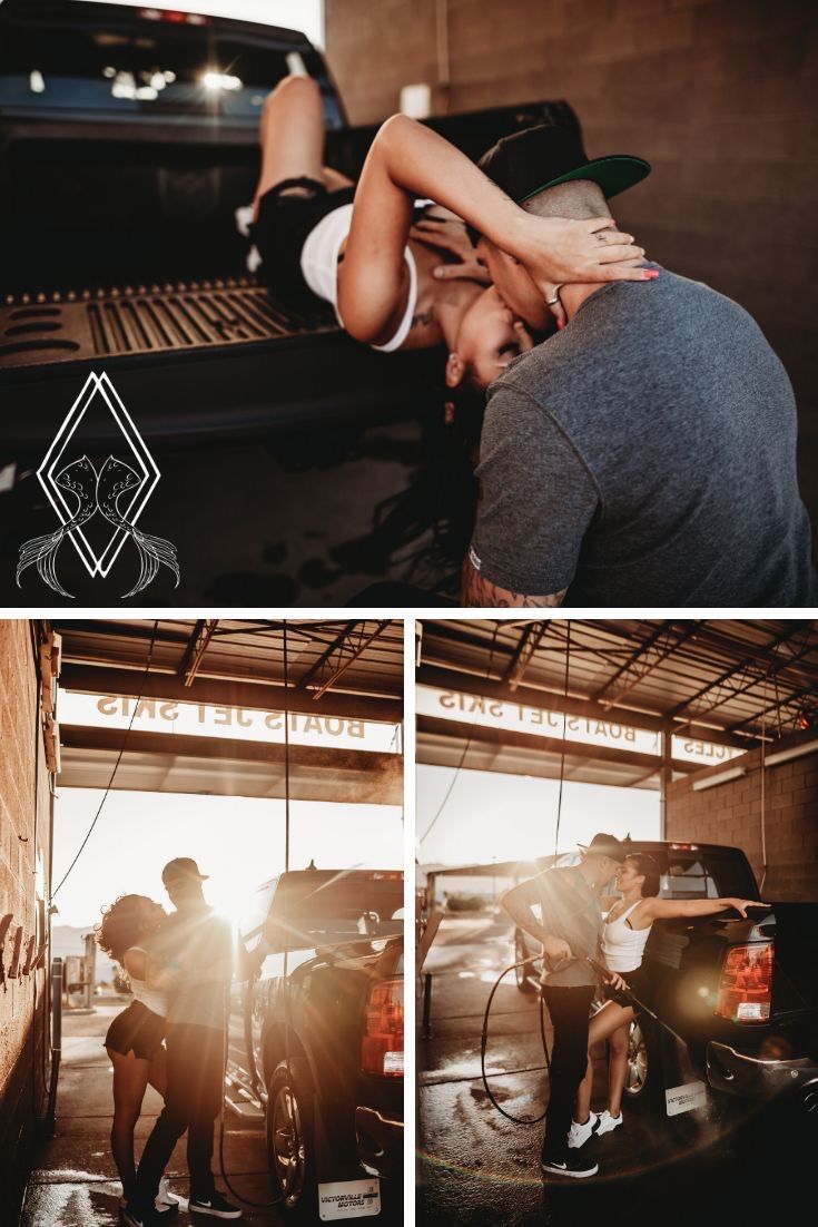 three different shots of people working in a garage