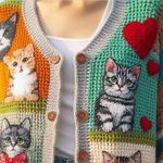 a close up of a person wearing a knitted jacket with cats and hearts on it