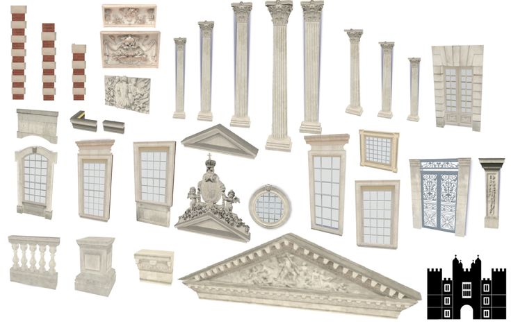 an assortment of architectural details including windows, pillars, and other objects are shown in this image