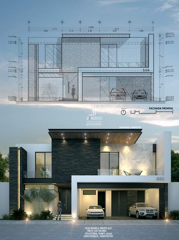 an architectural rendering of a modern house with car parked in the driveway and on the ground