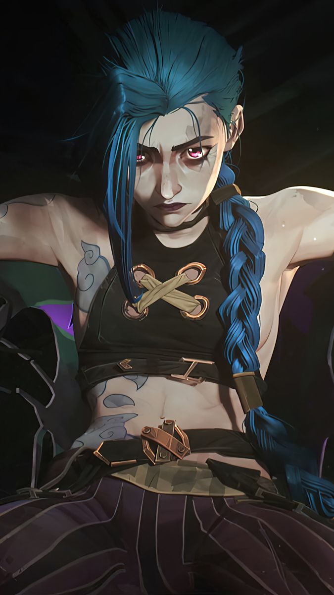 a woman with blue hair and scissors on her chest, sitting in front of a dark background