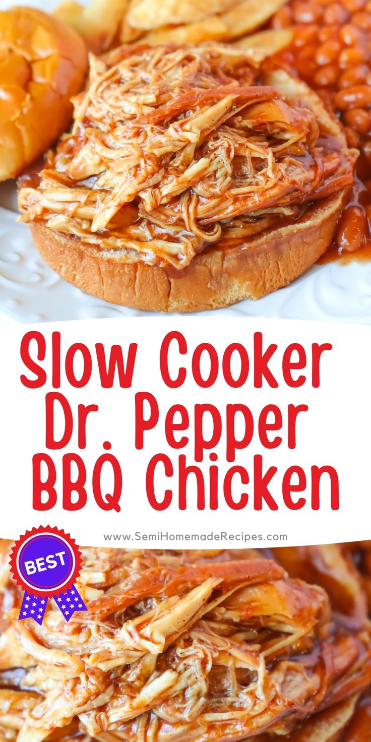 slow cooker bbq chicken sandwich on a white plate with the title above it