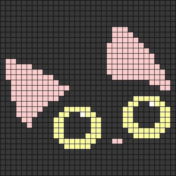 a cross stitch pattern with pink and yellow eyes