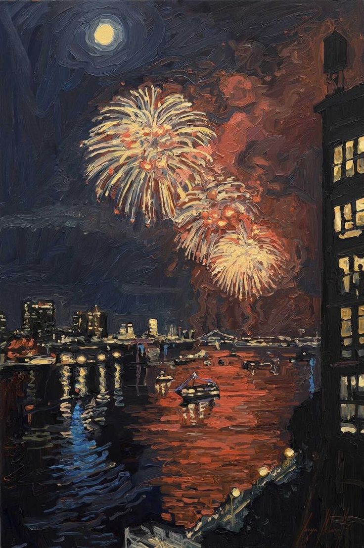 an oil painting of fireworks in the night sky over water and cityscape with boats