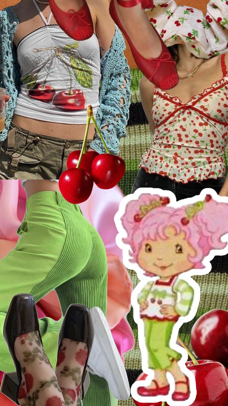 the collage shows two women with cherries on their hands and one holding a cherry in her other hand