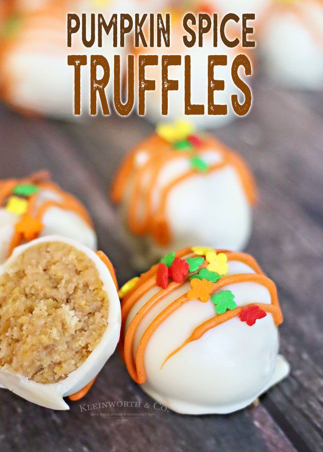 pumpkin spice truffles with white chocolate and sprinkles in the middle