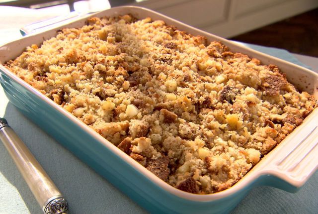 a casserole dish with crumbs in it on a table