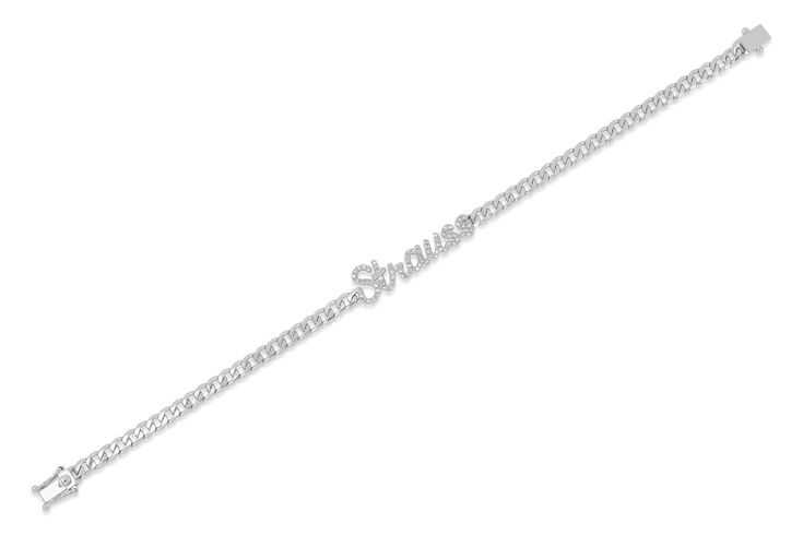 Our diamond script name curb chain bracelet allows you to choose from 1-10 diamond script letters to create a custom, one of a kind piece, set in 14k gold. 1 letter selection ex: E2 letter selection ex: EM3 letter selection ex: EMI4 letter selection ex: EMIL5 letter selection ex: EMILY6 letter selection ex: EMILYF7 letter selection ex: EMILYFA8 letter selection ex: EMILYFAI9 letter selection ex: EMILYFAIT10 letter selection ex: EMILYFAITH Fits most wrists Box clasp Please allow 7-8 weeks for del Script Letters, Statement Engagement Ring, Gold Curb Chain, Curb Chain Bracelet, Script Lettering, Box Clasp, Birthstone Bracelets, Engagement Ring Wedding Band, Curb Chain