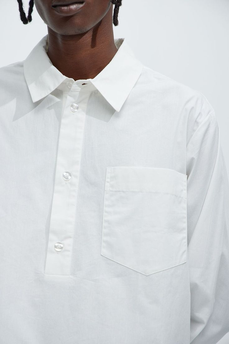 Available In White. Fold Down Collar Front Button Closure Chest pocket Long Sleeve 100% Cotton Imported | Mens Quick Popover Shirt in White size 2XL by Fashion Nova Relaxed Fit Shirt With Pockets And Casual Collar, White Button-up Top With Pockets, Collared Shirt With Pockets In Relaxed Fit, White Collared Shirt With Pockets, Oversized Collared Shirt With Pockets, White Shirt With Buttoned Pockets For Work, White Shirt With Pockets And Spread Collar, White Cotton Shirt With Buttoned Pockets, White Buttoned Pockets Shirt For Work