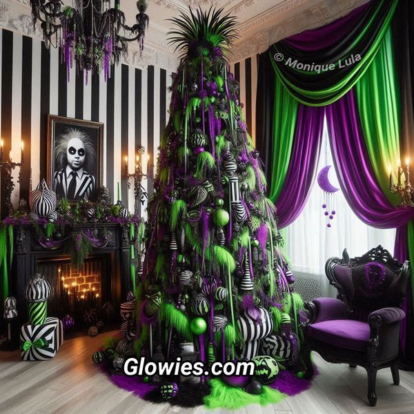 a decorated christmas tree in a living room with purple and green decorations on the walls